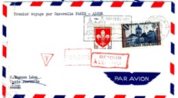 MONTBELIARD Doubs Lettre Par Avion 1° Vol Caravelle Paris-Alger Taxe Retour Envoyeur Non Réclamé Yv 1221 1186 Ob 1959 - 1927-1959 Cartas & Documentos