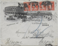 1914 - ENVELOPPE PUB DECOREE (MAISON RAPHAËL) De NIMES (GARD) => MADRID (ESPAGNE) ! - 1906-38 Semeuse Camée