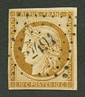 10c CERES (n°1c) BISTRE VERDATRE FONCE Obl. Cote 1000€. Signé SCHELLER. TB. - 1849-1850 Ceres