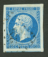 20c Empire (n°14d) Bleu Sur Vert Obl. Marges énormes (3 Voisins). Signé SCHELLER. Superbe. - 1853-1860 Napoleon III