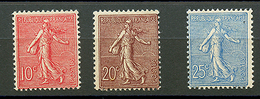 SEMEUSE 10c (n°129), 20c (n°131) Et 25c (n°132) Neuf **. Cote 447€. TTB. - 1903-60 Semeuse Lignée