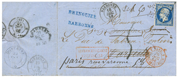 "DOUVAINE" : 1856 FRANCE 20c (n°14) + Taxe 5 Sur Lettre De NARBONNE Pour MARSEILLE, Réexpédiée à DOUVAINE . Verso, Cache - 1849-1876: Classic Period