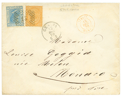 "ITALIE-MONACO" : 1876 ITALIE 10c + 20c Obl. 13 + GENOVA + Cachet D' Entrée Rare ITALIE-MONACO En Rouge Sur Enveloppe Po - Marques D'entrées