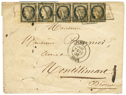 1849 Bande De 5 Bord De Feuille Du 20c Noir (n°3) Obl. Grille + T.14 LYON Sur Enveloppe En Triple PORT Pour MONTELIMAR.  - 1849-1850 Ceres