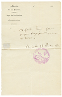 DEPECHE PAR PIGEON" : 1881 Cachet Rare MINISTERE DE LA GUERRE COMMUNICATIONS AERIENNES En Violet Sur Document "DEPECHE R - War 1870