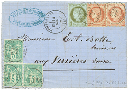 "TARIF FRONTALIER" : 1876 Mixte CERES 1c + 2c(x2) + 5c SAGE Type I (n°64)x3 Obl. PONTARLIER Sur Lettre Pour VERRIERES (S - 1871-1875 Ceres