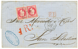 CUBA : 1868 80c (n°32)x2 Obl. ANCRE + LA HAVANE Sur Lettre En DOUBLE PORT Pour L' ESPAGNE. TTB. - Correo Marítimo