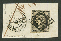 ALSACE : 1850 20c Noir(n°3) TTB Margé Obl. Grille + T.15 BOUXWILLER Sur Fragment. RARE. TTB. - Otros & Sin Clasificación