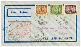 1938 KOUANG TCHEOU 5c + INDOCHINE 3c(x2) Obl. HANOI TONKIN + PREMIERE LIAISON AERIENNE HANOI-SAIGON EN 5 HEURES + Signat - Otros & Sin Clasificación