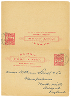 DAVIS POST : 1896 POSTAL STATIONERY One PENNY Canc. APIA SAMOA To ENGLAND + Reply Unused. RARE. Vvf. - Samoa