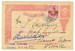 "CONSTANTINOPLE To Graf ZEPPELIN" : 1909 TURKEY 20p + GERMAN LEVANT 20p Canc. CONSTANTINOPEL To "S. Excellenz GRAF ZEPEL - Turkey (offices)