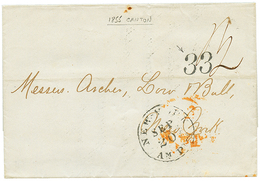 CHINA : 1855 "33" Tax Marking + NEW-YORK AM.PKT On Entire Letter From CANTON Via UK To USA. Superb. - Otros & Sin Clasificación