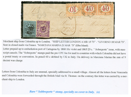 COLUMBIA 1873 "SOBREPORTE" 10c Violet + 25c Black On Blue With Manuscript Cancels On Envelope (part Back Torn Away) To I - Colombia