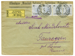 1900 AUSTRIAN LEVANT 1P On 25h Strip Of 4 Canc. JERUSALEM On REGISTERED Envelope Via VARSOVIE To TAUROGGEN KOWENO (RUSSI - Palestine