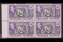 1938 £1 Black And Violet Arms, SG 163, Superb Never Hinged Mint Marginal Block Of Four. For More Images, Please Visit Ht - Islas Malvinas