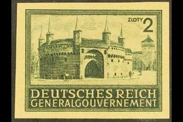 POLAND - GENERAL GOVERNMENT 1940 2zt Blackish Grey-green Barbican IMPERF PROOF On Yellowish Ungummed Paper, Michel 113P3 - Autres & Non Classés