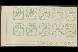 PARMA FORGERIES. 1859 5c Green (as Sassone 13) Corner Block Of 10 On Gummed Paper Showing "Governo Provvi" Imprint. (10  - Non Classificati