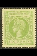 FERNANDO POO 1889 1 Peso Light Green Alfonso XIII, Ed 68, SG 84, Mint With A Couple Of Shortish Perfs & Tiny Hinge Thin. - Sonstige & Ohne Zuordnung