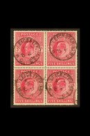 1902-10 5s Deep Bright Carmine De La Rue (SG 264), Fine Used BLOCK OF FOUR Each Stamp Cancelled By Leicester Square Cds. - Unclassified