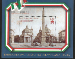 J) 2011 VATICAN CITY, 150th ANNIVERSARY OF THE JOINT VATICAN-ITALY EMISSION, SOUVENIR SHEET - Covers & Documents