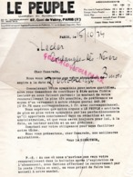 75- PARIS- RARE LETTRE LE PEUPLE JOURNAL QUOTIDIEN DU SYNDICALISME- 67 QUAI DE VALMY- 1934 LECLER COULANGES LES NEVERS - Stamperia & Cartoleria