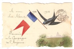 CPA Miltaria Peinte - Souvenir De La Campagne De L'Argonne 1914-18 Hirondelle Drapeau - Cachet Trésor Et Postes 9 - Guerre 1914-18