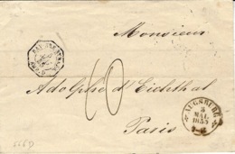 1855- Letter From AUGSBURG To Paris - Entrance Octog. BAVIERE STRASB. / AMB. D Black Ratind 10d. - Entry Postmarks