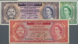 Belize: Set With 3 Banknotes Of The 1976 Series With 1 Dollar (UNC), 2 Dollars (F+) And 5 Dollars (F - Belize