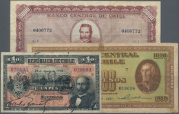 Chile: Nice Set With 3 Banknotes Republica De Chile 1 Peso 1919 P.15b (F), Banco Central De Chile 10 - Cile