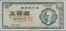 Korea: 500 Hwan 4291 (1958), P.24, Still Crisp Paper, With Two Stronger Center Folds. Condition: VF - Korea, South