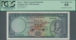 Macau / Macao: Banco Nacional Ultramarino 50 Patacas 1958 SPECIMEN, P.47s With Punch Hole Cancellati - Macao