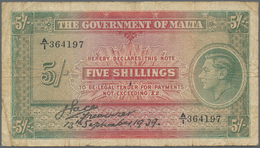 Malta: The Government Of Malta 5 Shillings 1939, P.12, Lightly Toned Paper And Several Folds. Condit - Malte