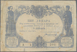 Serbia / Serbien: Kingdom Of Serbia 5 Dinara 1876, P.2, Still Nice And Rare Banknote With A Few Fold - Servië