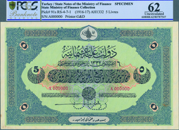 Turkey / Türkei: Rare Specimen Banknote Of 5 Livres ND(1916-17) AH1332, RS-4-7-1, With Arablic Speci - Turkije