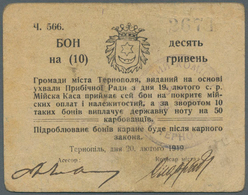 Ukraina / Ukraine: Community Of City Of Ternopil (Громади  мiста  Тернополя), 10 Hriven 1919 K.5.79. - Ucraina