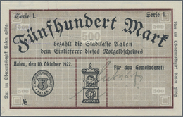 Deutschland - Notgeld - Württemberg: Aalen, Stadt, 500 Mark, 10.10.1922, Serie I, Ohne KN, Beidseiti - [11] Local Banknote Issues
