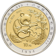 China - Volksrepublik - Anlagegold: 10 Yuan 1994 Panda Aus Bimetall. 1/10 OZ 999/1000 Gold Pille Und - Chine