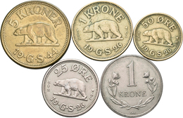 Grönland: Lot 5 Münzen: 25 Öre 1926, 50 Öre 1926, 1 Krone 1926, 5 Kroner 1944, 1 Krone 1960. - Greenland