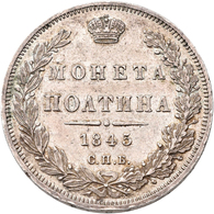 Russland: Nikolaus I. 1825-1855: Poltina (½ Rubel) 1845 St. Petersburg (СПБ-КБ). Bitkin 254. 10,36 G - Russia