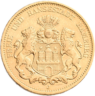 Hamburg: Freie Und Hansestadt: 20 Mark 1876 J, Jaeger 210. 7,93 G, 900/1000 Gold, Winziger Randfehle - Gold Coins