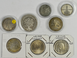 Deutschland: 8 Deutsche Silbermünzen; Weimarer Republik Und 3. Reich: 3 Mark 1924 A, 3 Reichsmark 19 - Other & Unclassified
