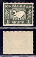ISLANDA - 1930 - 1 Krona 1000 Anni Allthing (136) - Gomma Integra (120) - Other & Unclassified