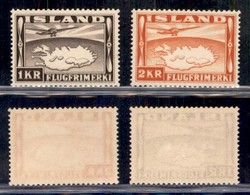 ISLANDA - 1934 - 1 Krona + 2 Krone Posta Aerea (179B+180B) - I Due Alti Valori - Gomma Integra (60) - Other & Unclassified