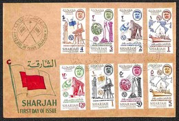 SHARJAH - KHOR FAKKAN - 1965 - 100 Anni ITU (25/32) - Serie Completa Su Busta FDC - Altri & Non Classificati