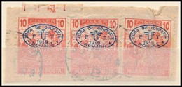 Debrecen (I.) 1919 Arató 10f II. Lemez 3 Db Bélyeg Kivágáson 'ÚJFEHÉRTÓ', Bodor Vizsgálójellel (180.000) - Other & Unclassified