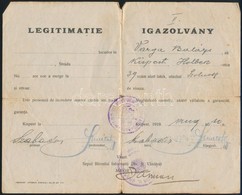 1919 Kispest, A Román Megszálló Hatáság által A Megszállása Után Mindössze 6 Nappal Utazáshoz Kiállított Igazolvány, Kis - Andere & Zonder Classificatie
