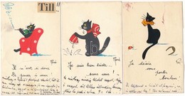 6 Db MODERN Francia Macska Motívumlap, Kézzel Rajzolt / 6 Modern French Cat Motive Postcards From 1955, Hand-painted - Unclassified