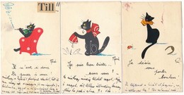 6 Db MODERN Francia Macska Motívumlap, Kézzel Rajzolt / 6 Modern French Cat Motive Postcards From 1955, Hand-painted - Non Classificati