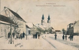 * T3 1915 Erzsébetváros, Dumbraveni; Genossenschaftsbank / Szövetkezeti Bank, Utcakép Télen, Templom. Adler Fényirda / C - Ohne Zuordnung