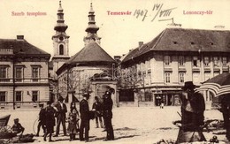 T2 1907 Temesvár, Timisoara; Losonczy Tér, Szerb Templom, Kerscher üzlete, Utcai árusok / Square, Serbian Church, Shop,  - Zonder Classificatie